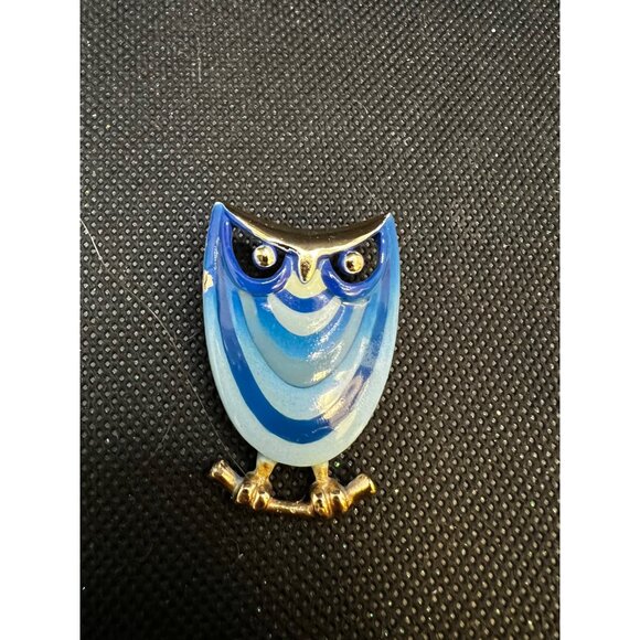 Eisenberg Enamel Blue Owl Brooch Pin With Gold Accents & Rhinestone Eyes - Picture 2 of 10